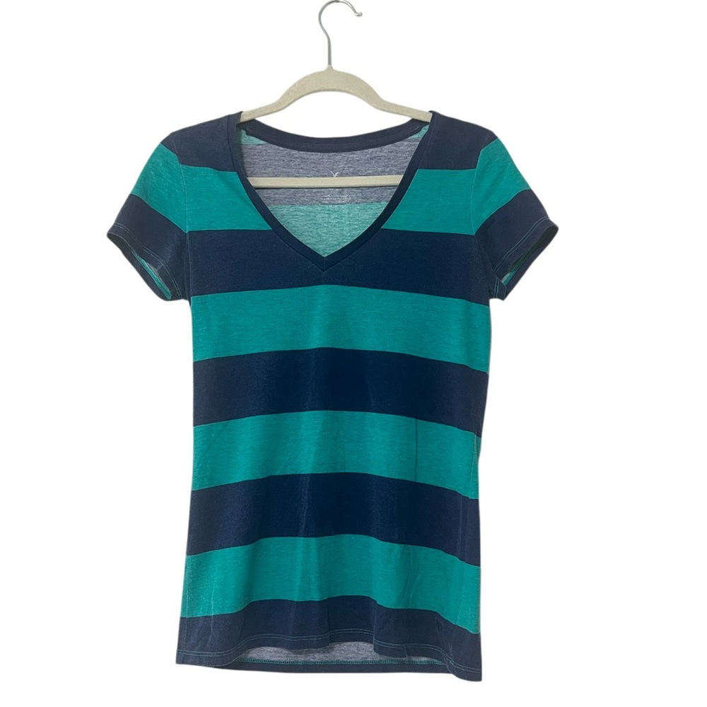 Y2K American Eagle Outfitters Women’s Blue Striped V-Neck Top